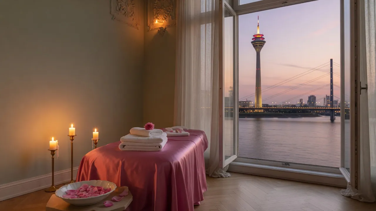 Erotic massage in Düsseldorf: a candlelit massage room with fuchsia silk, the window open on the Rhine and the Rheinturm at dusk